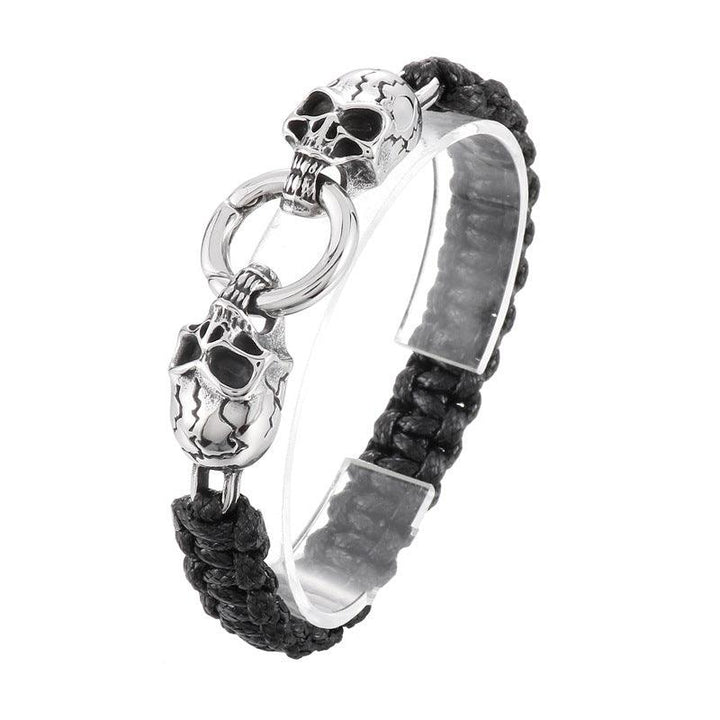 KALEN Punk 12mm Wax Rope Leather Stainless Steel Skull Bracelet for Men - kalen