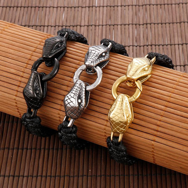 KALEN Punk 12mm Wax Rope Leather Stainless Steel Snake Animal Charm Bracelet for Men - kalen
