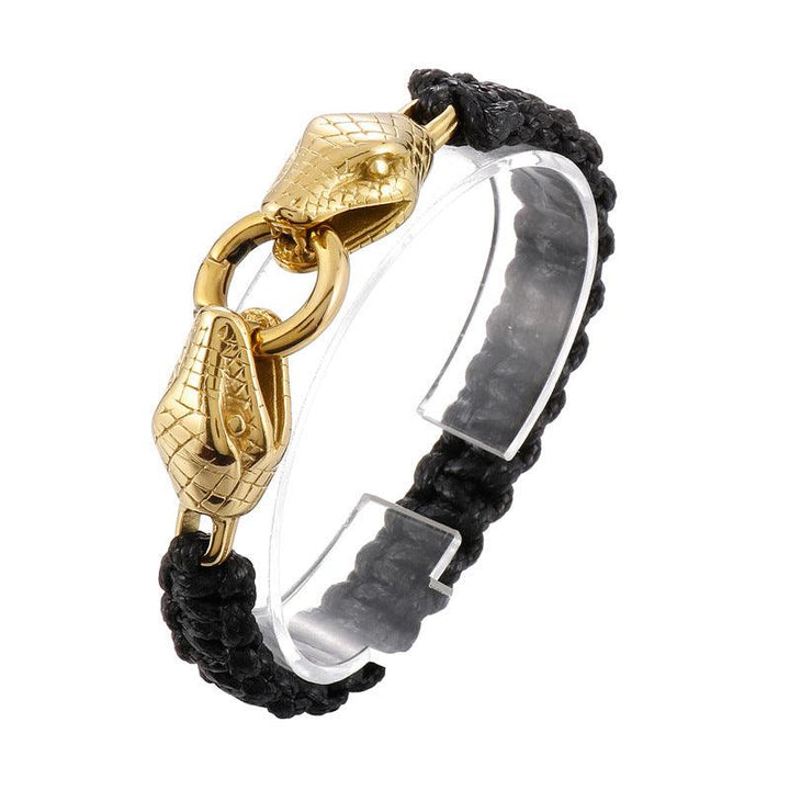 KALEN Punk 12mm Wax Rope Leather Stainless Steel Snake Animal Charm Bracelet for Men - kalen