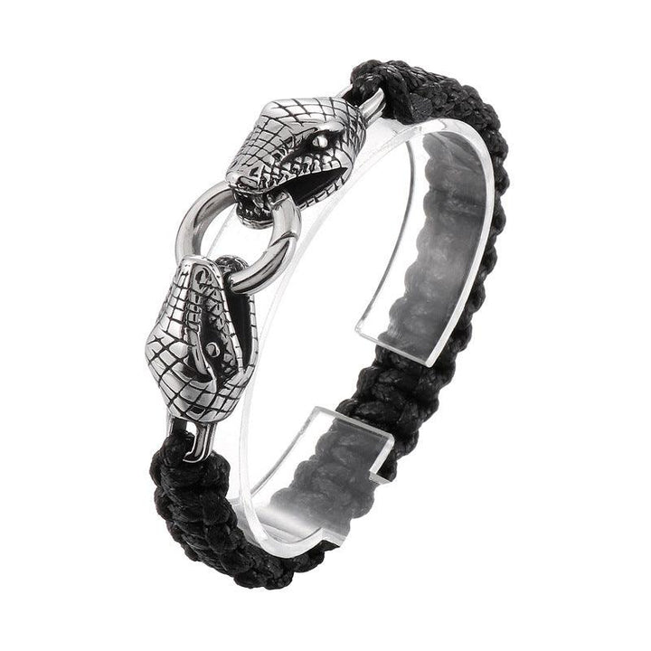 KALEN Punk 12mm Wax Rope Leather Stainless Steel Snake Animal Charm Bracelet for Men - kalen