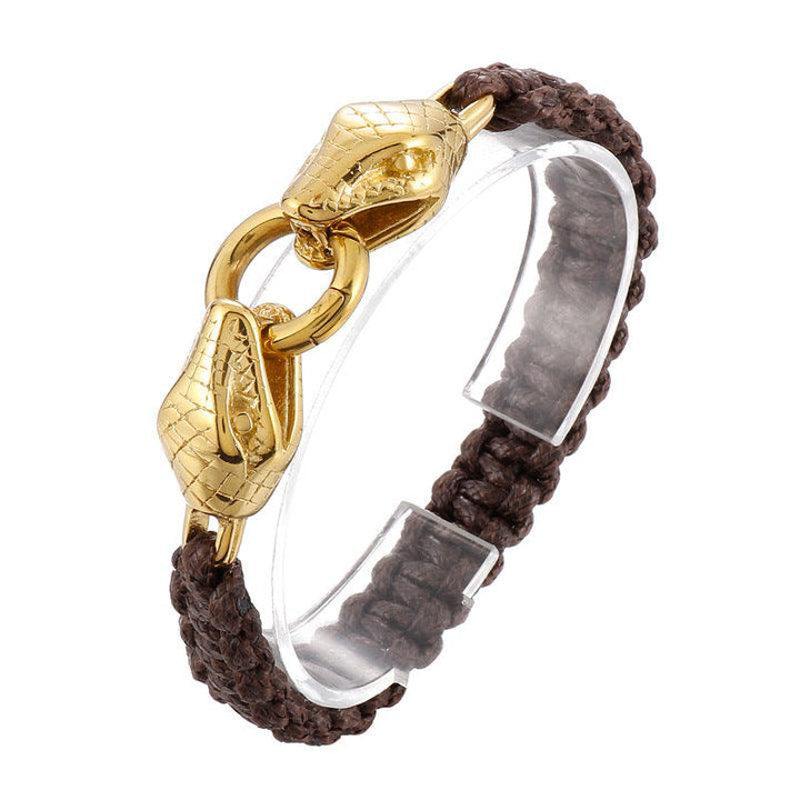 KALEN Punk 12mm Wax Rope Leather Stainless Steel Snake Animal Charm Bracelet for Men - kalen