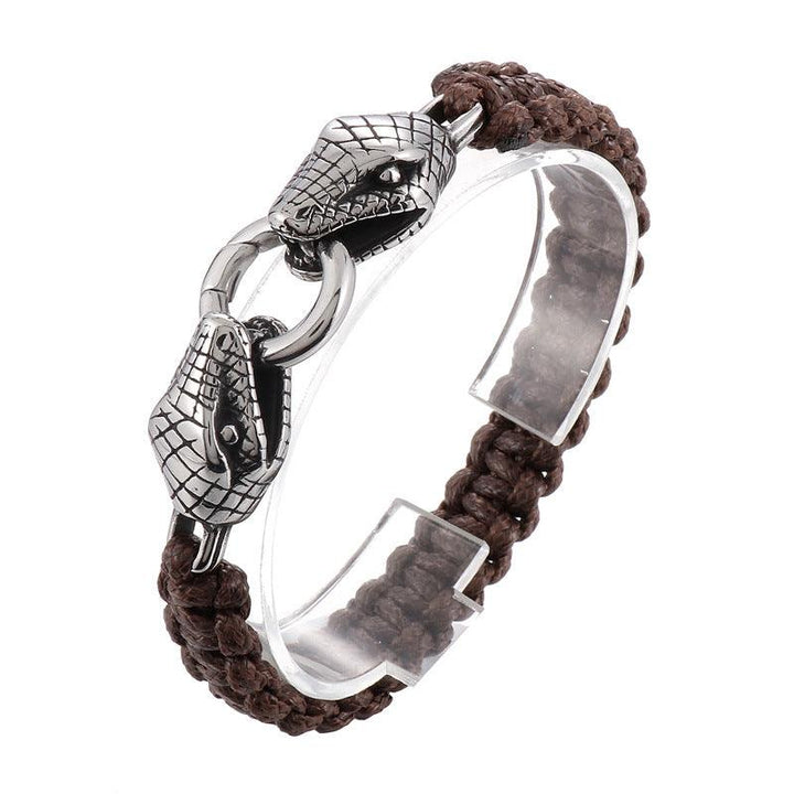 KALEN Punk 12mm Wax Rope Leather Stainless Steel Snake Animal Charm Bracelet for Men - kalen