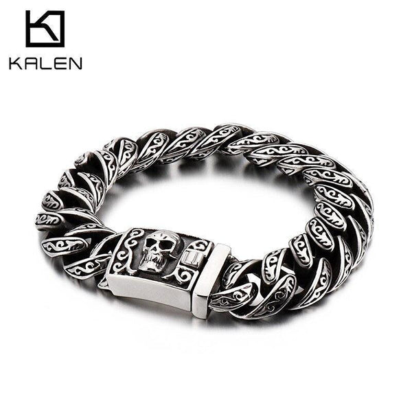 KALEN Punk 15/16mm Cuban Chain Skull Charm ID Bracelet For Men - kalen