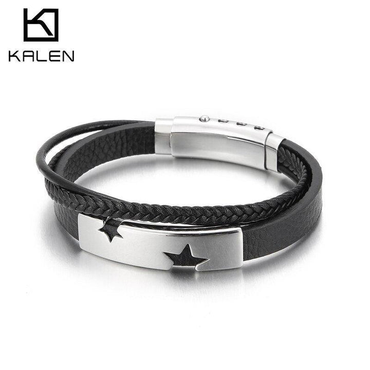 Kalen Punk 9mm Multilayer Chain Leather Stainless Steel Star Bracelet Bangle for Men - kalen