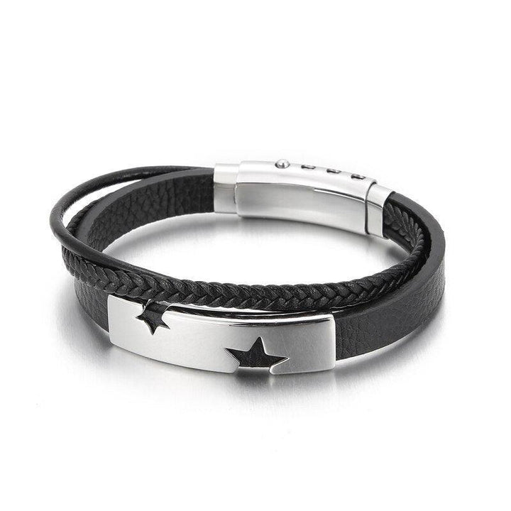 Kalen Punk 9mm Multilayer Chain Leather Stainless Steel Star Bracelet Bangle for Men - kalen