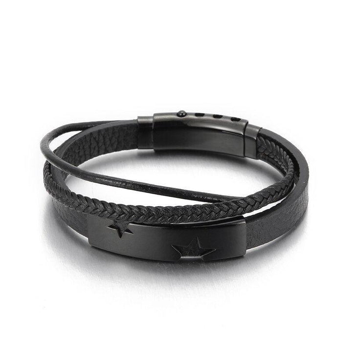 Kalen Punk 9mm Multilayer Chain Leather Stainless Steel Star Bracelet Bangle for Men - kalen