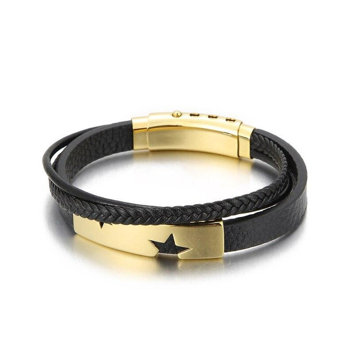 Kalen Punk 9mm Multilayer Chain Leather Stainless Steel Star Bracelet Bangle for Men - kalen