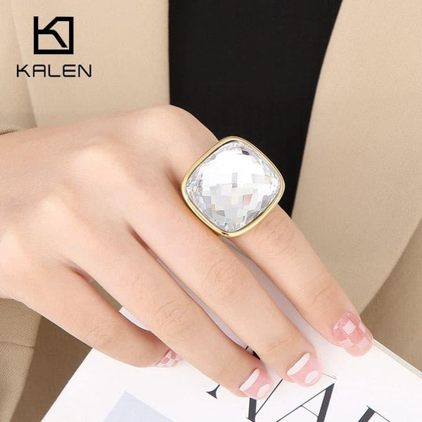 KALEN Stainless Steel Big Ring Glass Women Out Bling Square Ring Exaggerated Statement Wedding Engagement Rings.